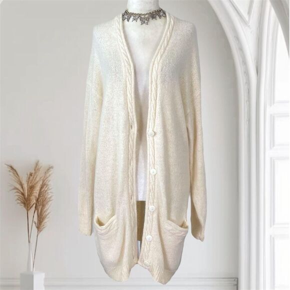 Vintage 90s Cream White Silk Lambs Wool Angora Chunky Oversized Knit Cardigan M - Picture 1 of 7